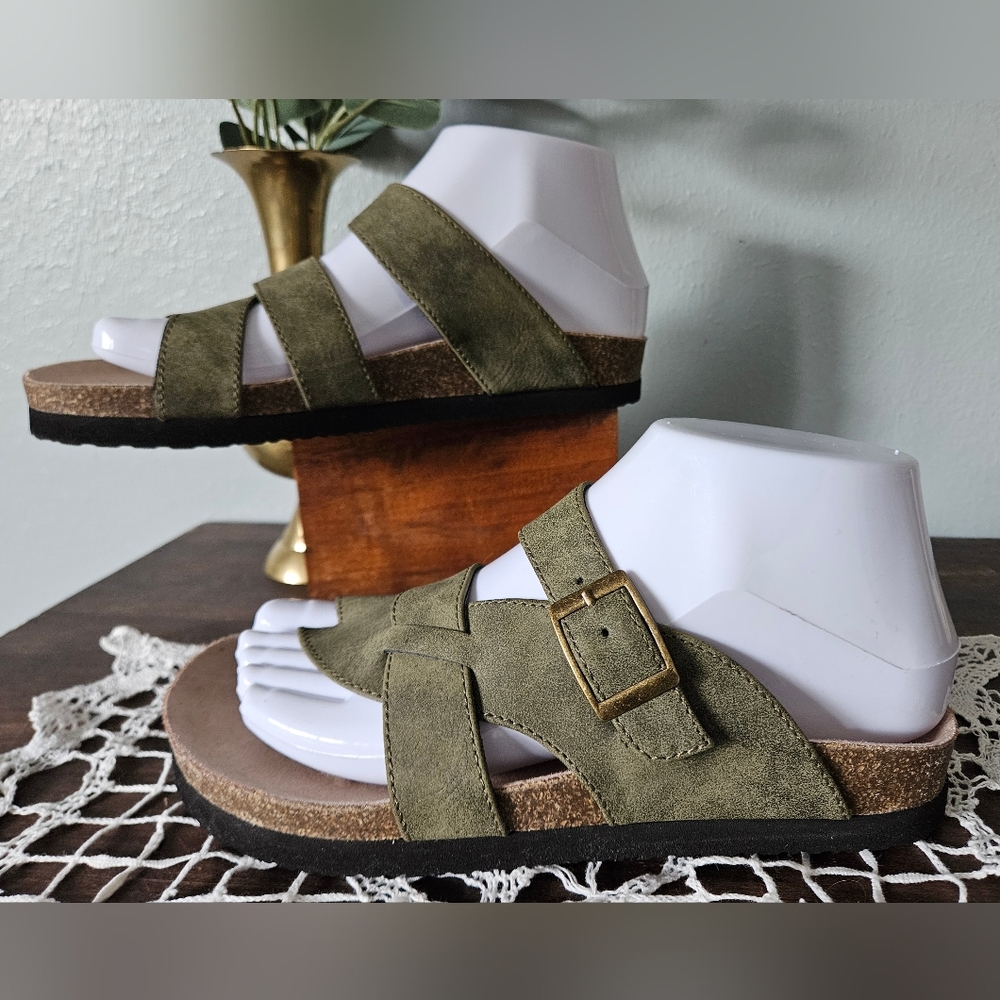 Olive Suede Strap Slide Sandals - Women
